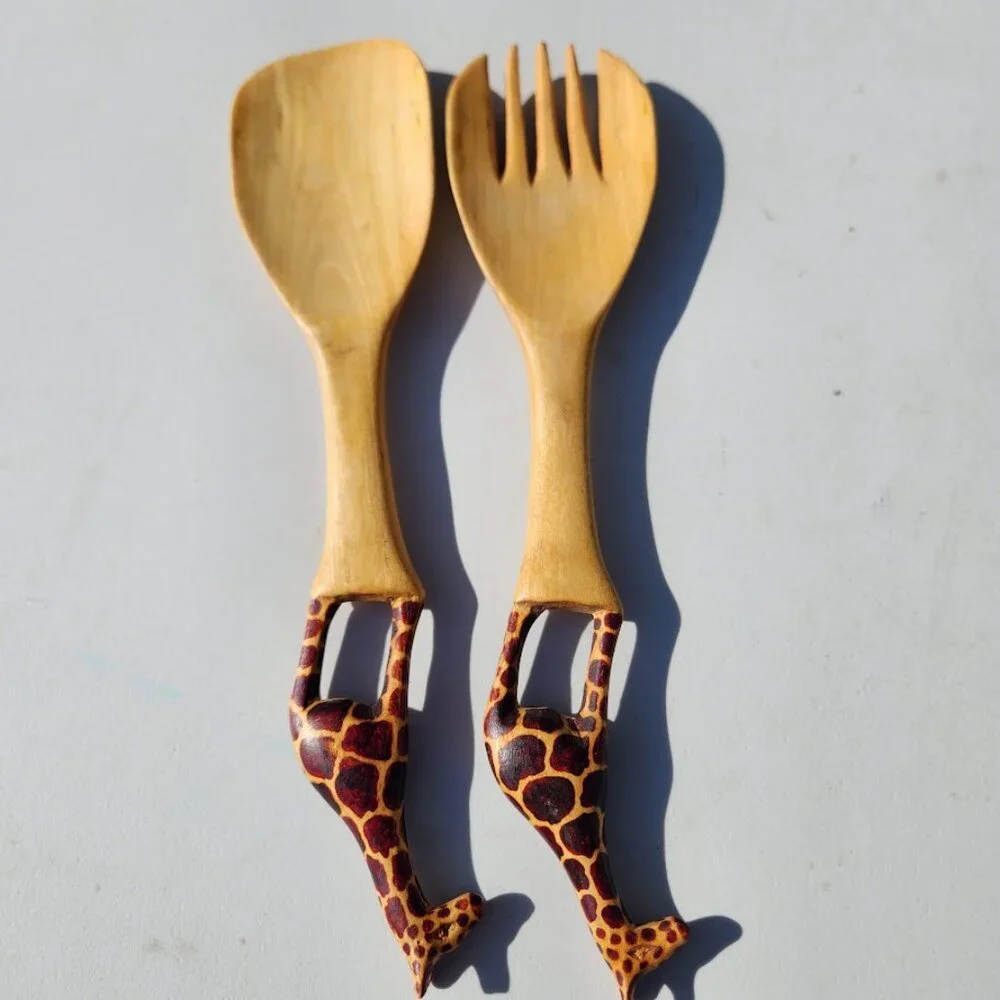 New Hand Carved Wood Giraffe Fork Spoon Serving Set Safari African Folk Art Home